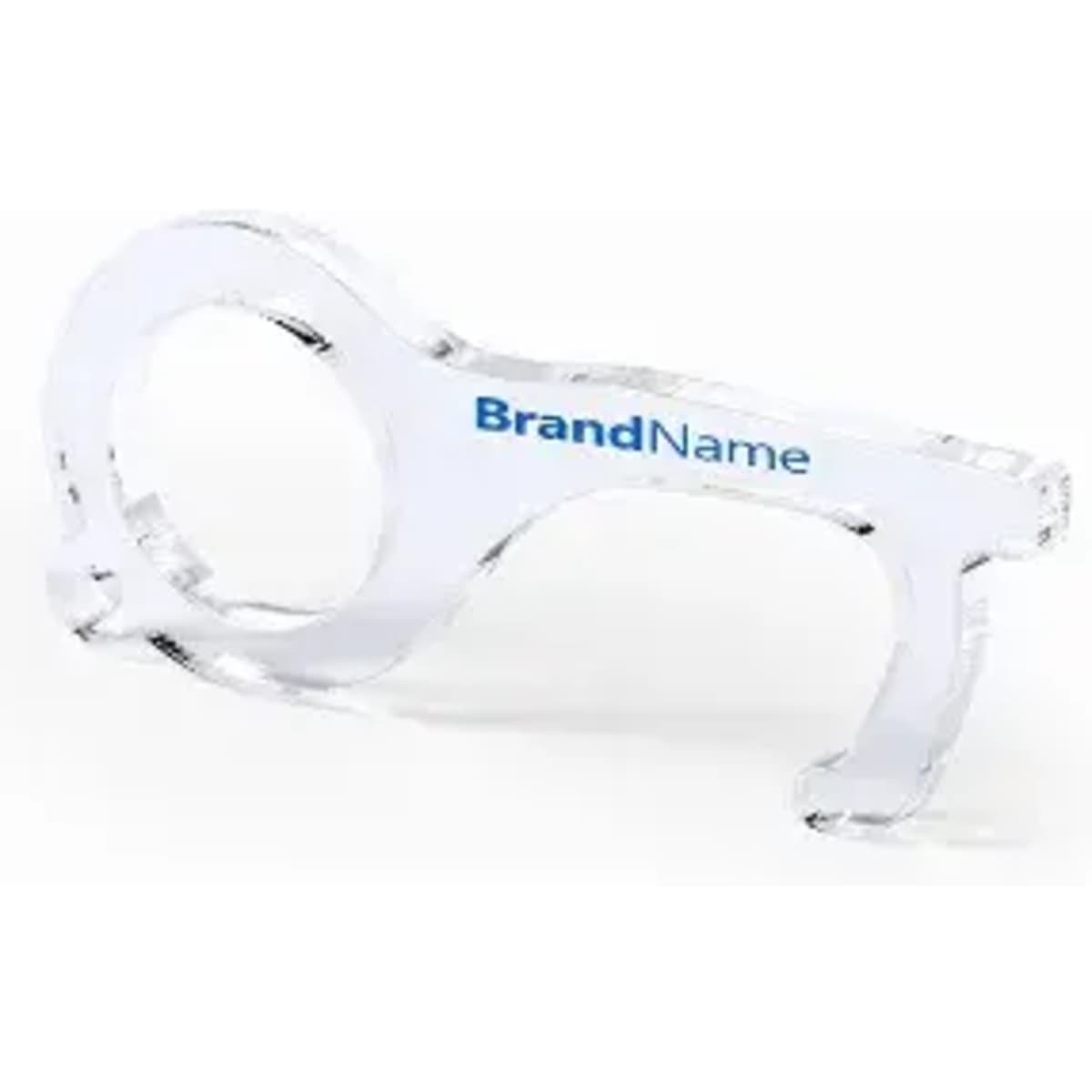 A clear plastic bottle opener featuring a circular grip and a logo on one side.