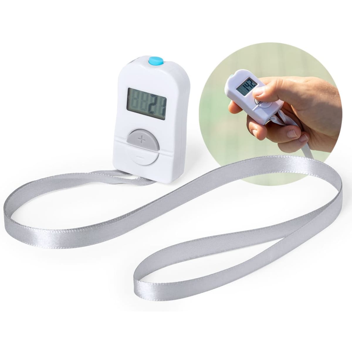 A digital pedometer with a silver strap, featuring a display screen and a blue button.