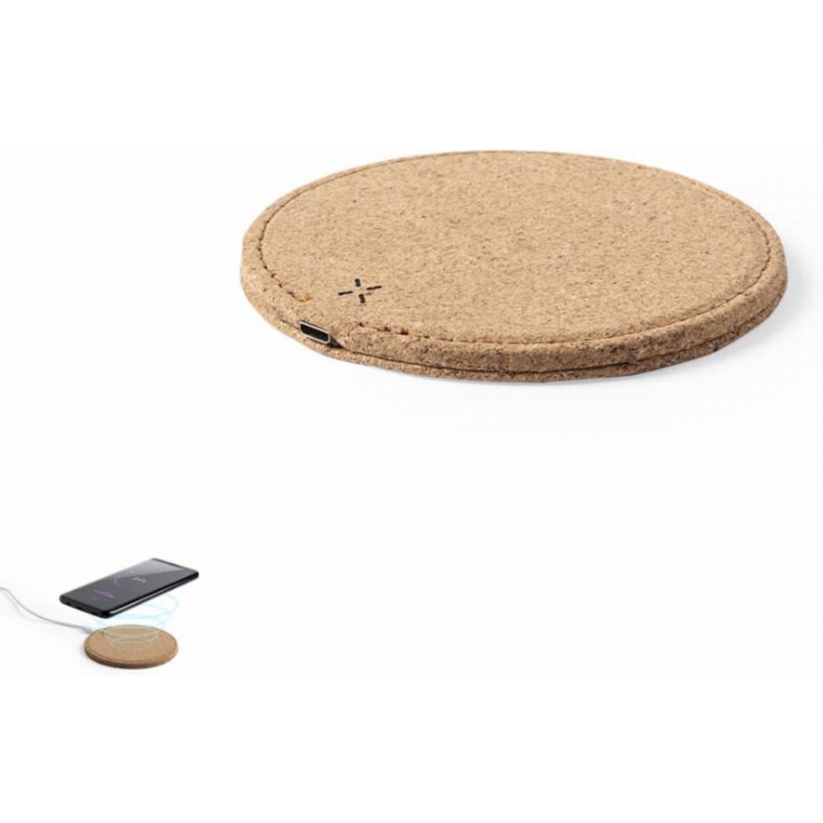 A cork wireless charger in a circular design, featuring a USB connection.