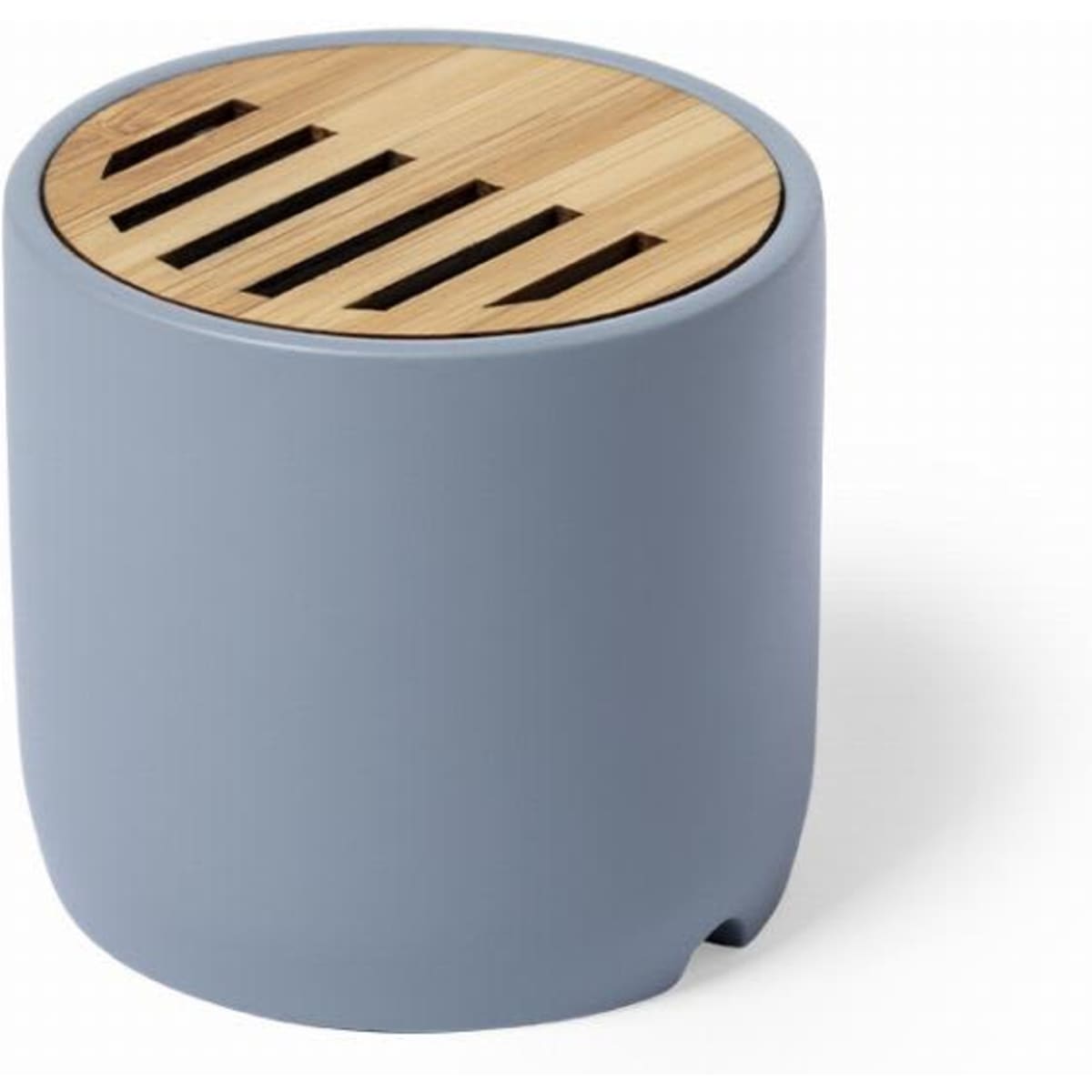 A cylindrical container with a light blue finish and a bamboo lid featuring slits for ventilation.