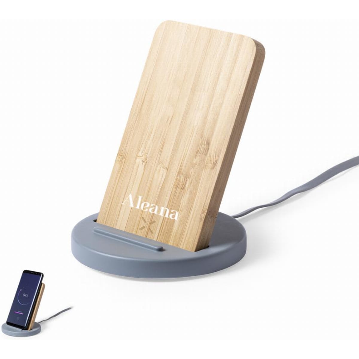 A wireless phone charger with a bamboo stand and a grey base, designed for charging devices.