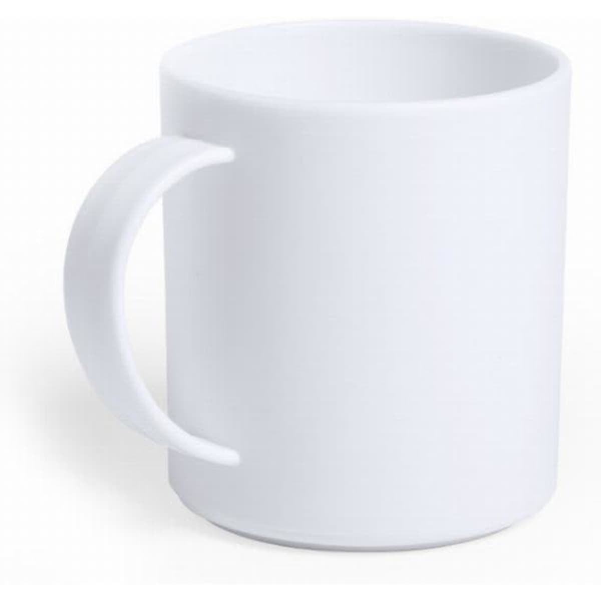 A white drink mug with a handle, featuring a smooth, minimalist design and no visible branding.