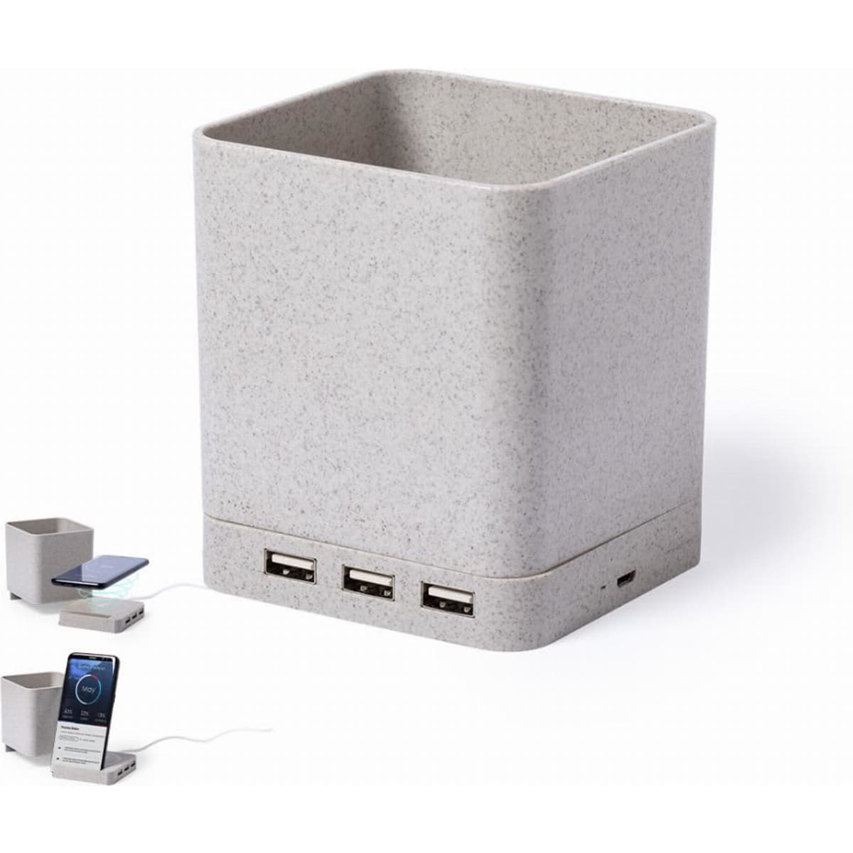 A square grey charging station with multiple USB ports and a textured finish, suitable for device charging.