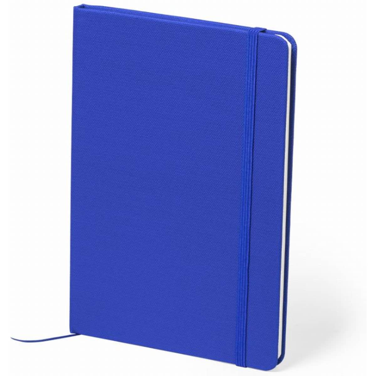 A blue notebook with a textured cover, featuring an elastic band and a ribbon bookmark.