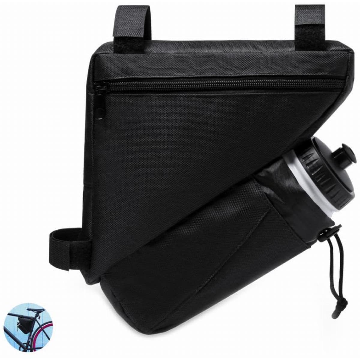 A drink bottle housed in a black triangular pouch with straps, designed for attachment to a bicycle.
