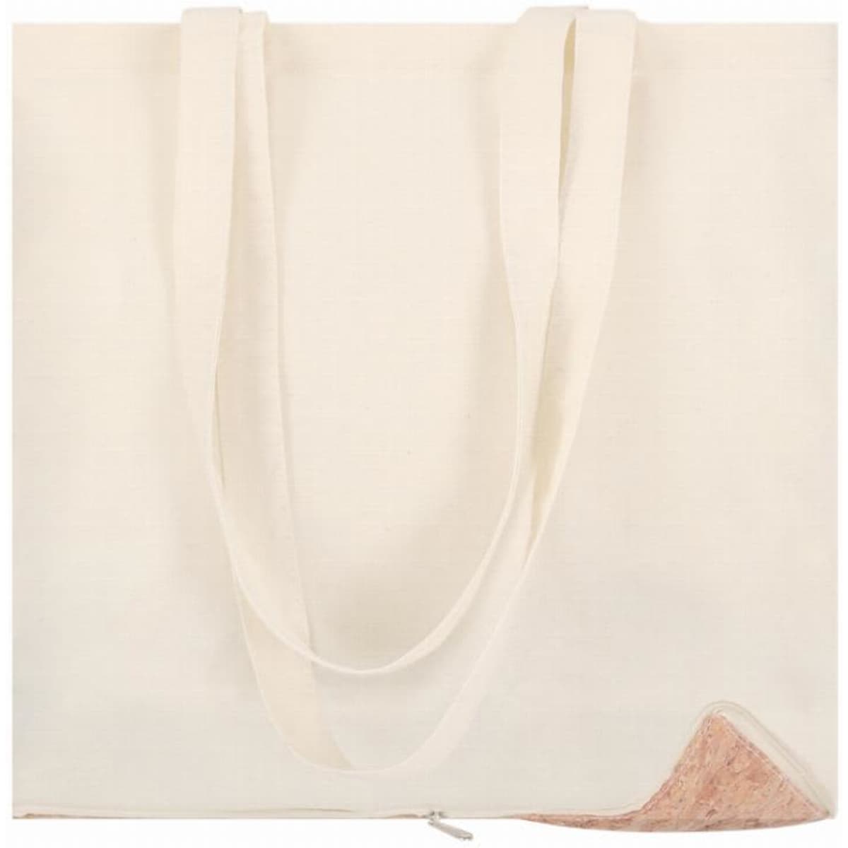 A tote bag in cream with a textured brown corner and two shoulder straps. It has a simple, minimalist design.