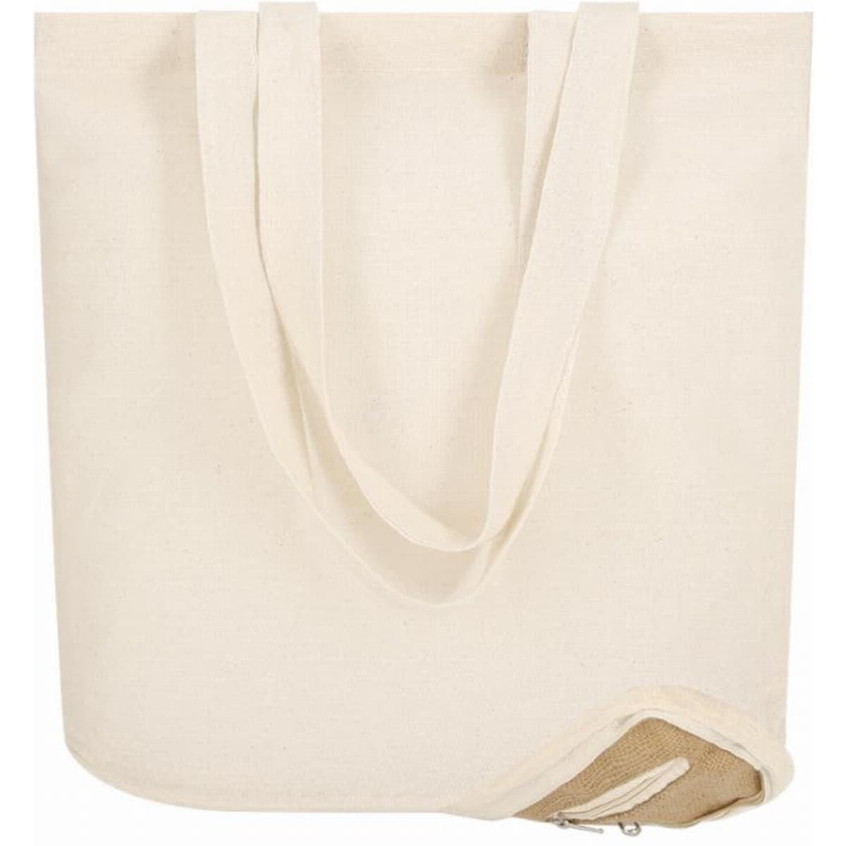 A tote bag in a natural, off-white colour with two handles and a zipper compartment at the base.