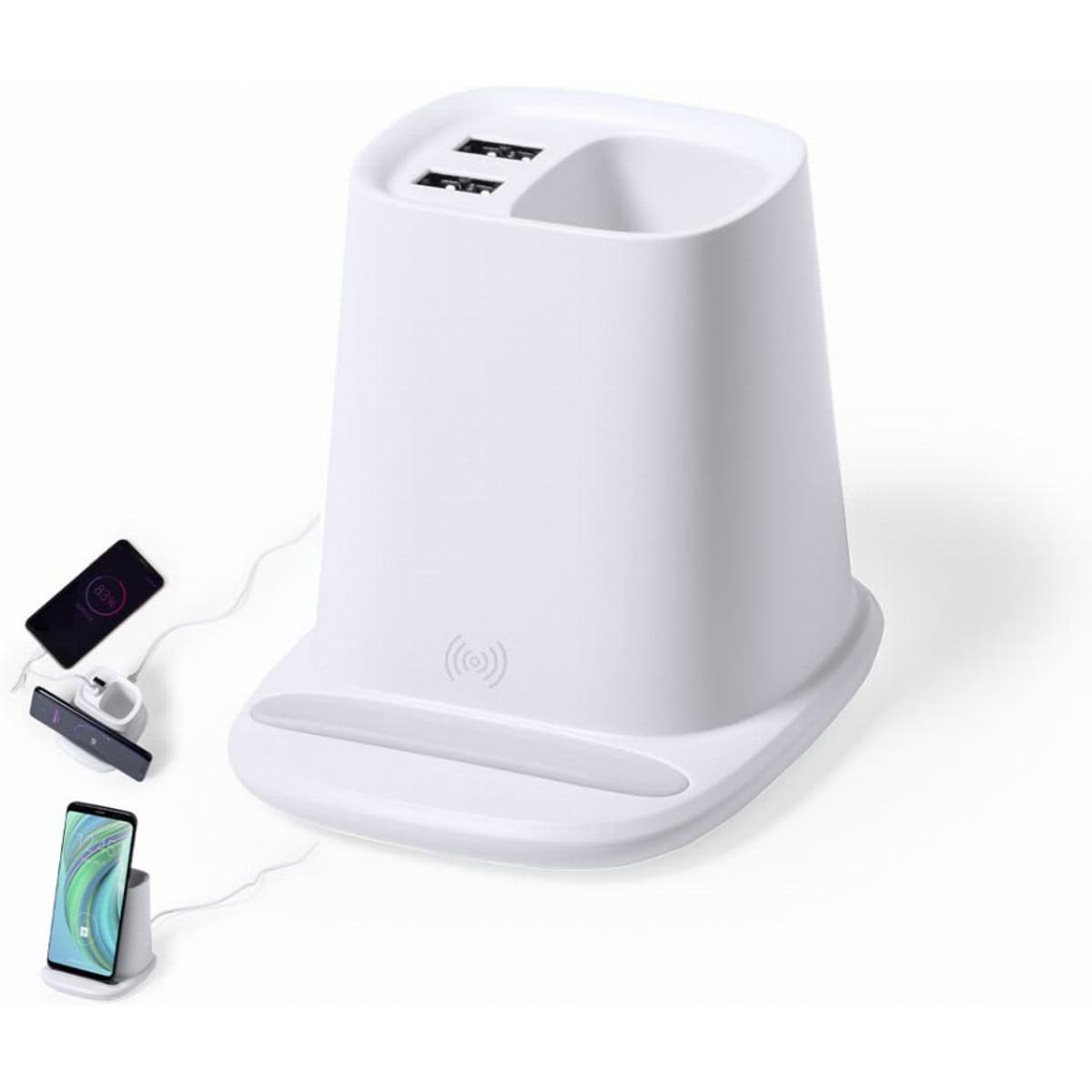 A white charging station with multiple USB ports and a wireless charging pad, designed for mobile devices.