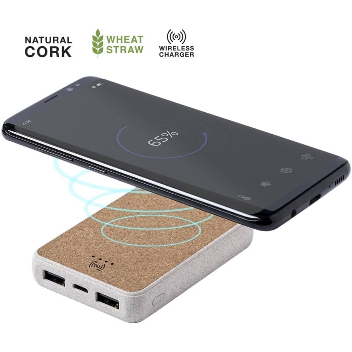 A wireless charger made of natural cork and wheat straw, with a smartphone above it displaying a charging status.