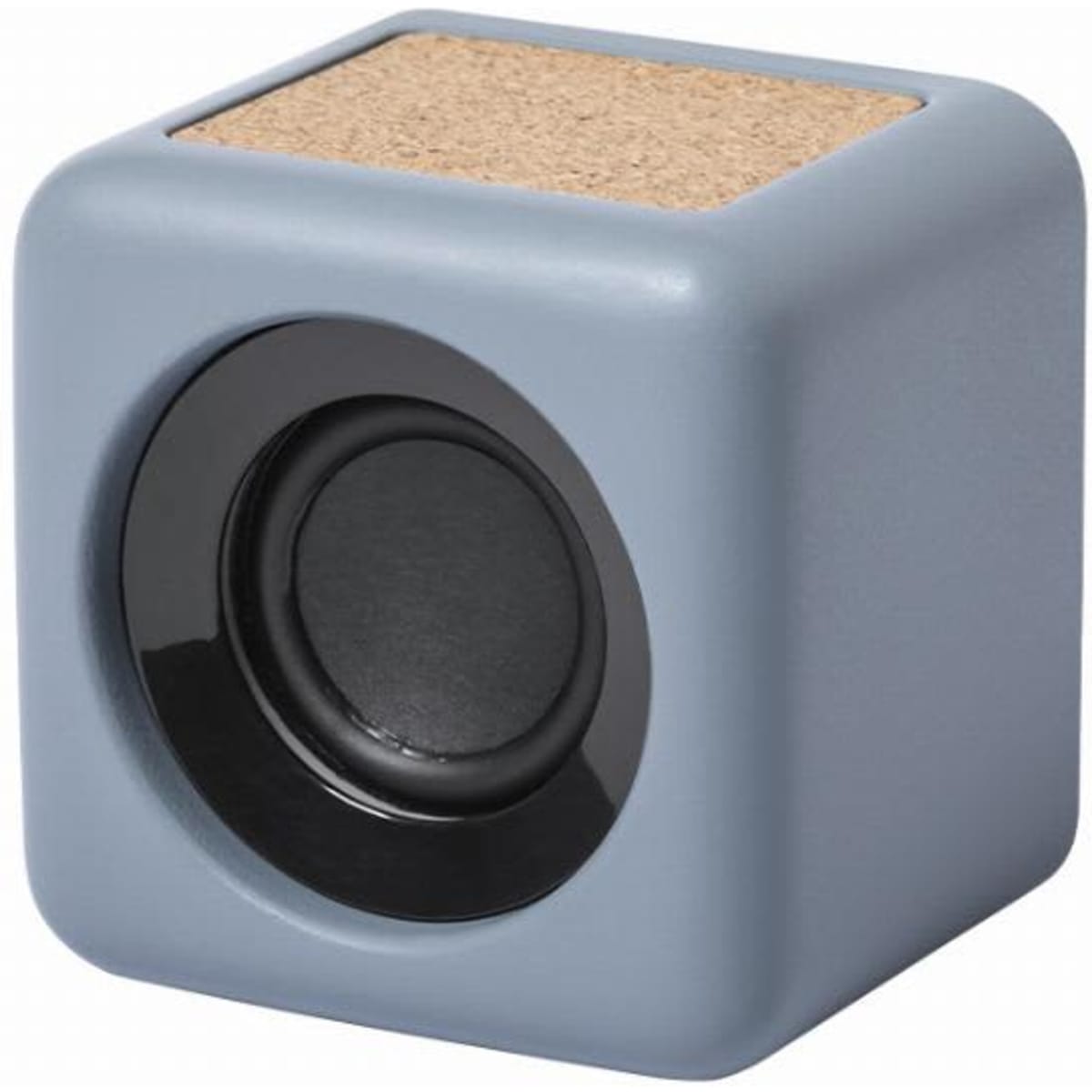 A grey speaker with a cork top and a black speaker grille, featuring a modern cubic design.