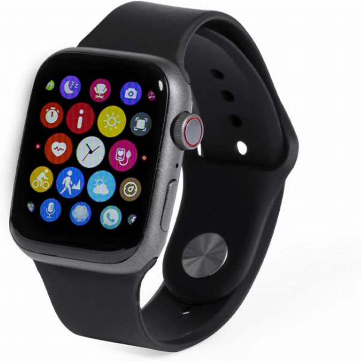 A smartwatch with a black strap displaying a vibrant app interface in various colours. It features a round side button.