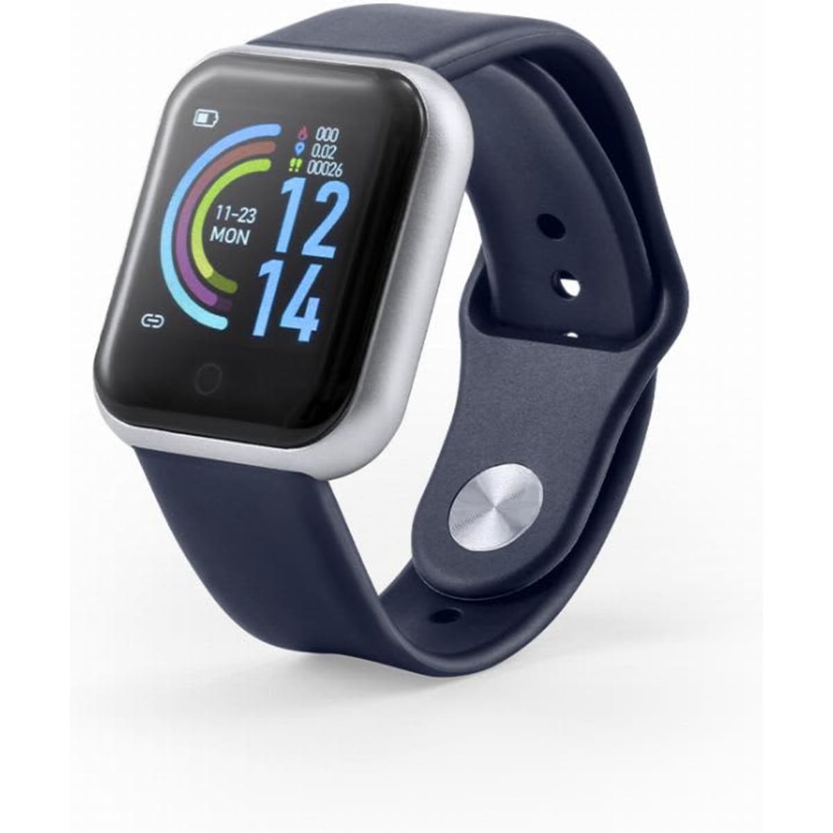 A smartwatch with a dark blue strap and a rectangular touchscreen displaying colourful graphics and the date.