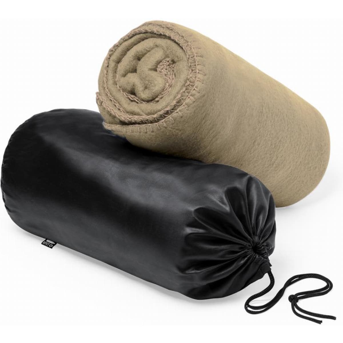 A rollable blanket in beige, placed above a black storage pouch, featuring a drawstring closure.