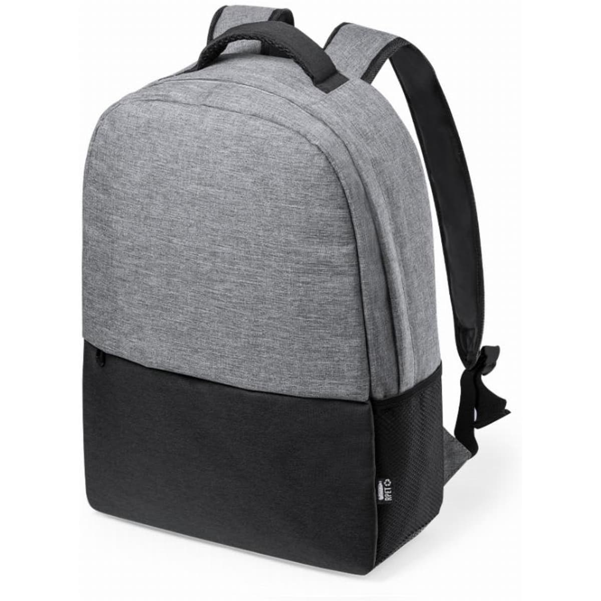 A grey and black backpack with adjustable straps and a textured design, featuring a side mesh pocket.