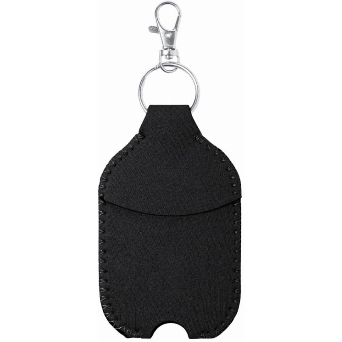 A drink bottle holder in black leather with stitching and a metal clip attachment.