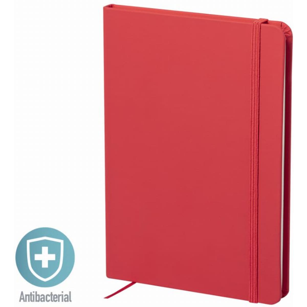 A red notebook with an antibacterial cover and an elastic band closure. It has a logo on the bottom left corner.