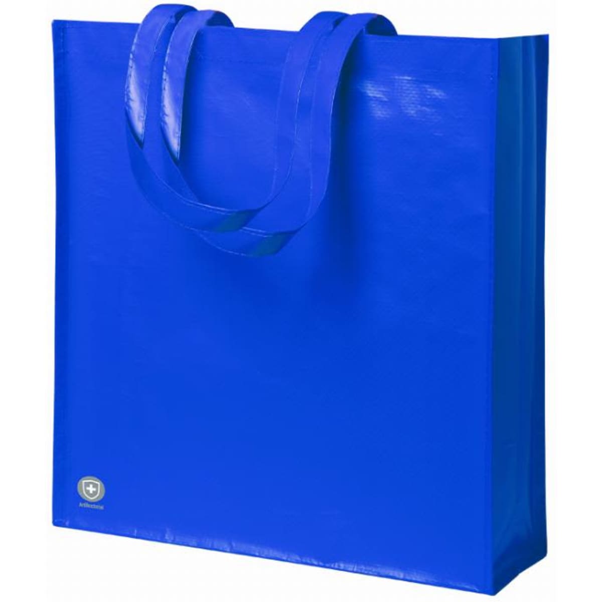 A blue tote bag with two handles and a logo at the bottom. The bag has a shiny, smooth finish.