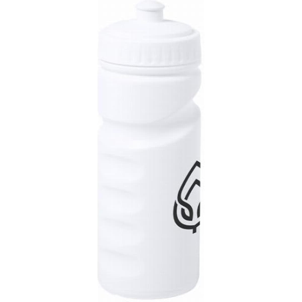 A drink bottle in white with a textured grip and a logo on the side.