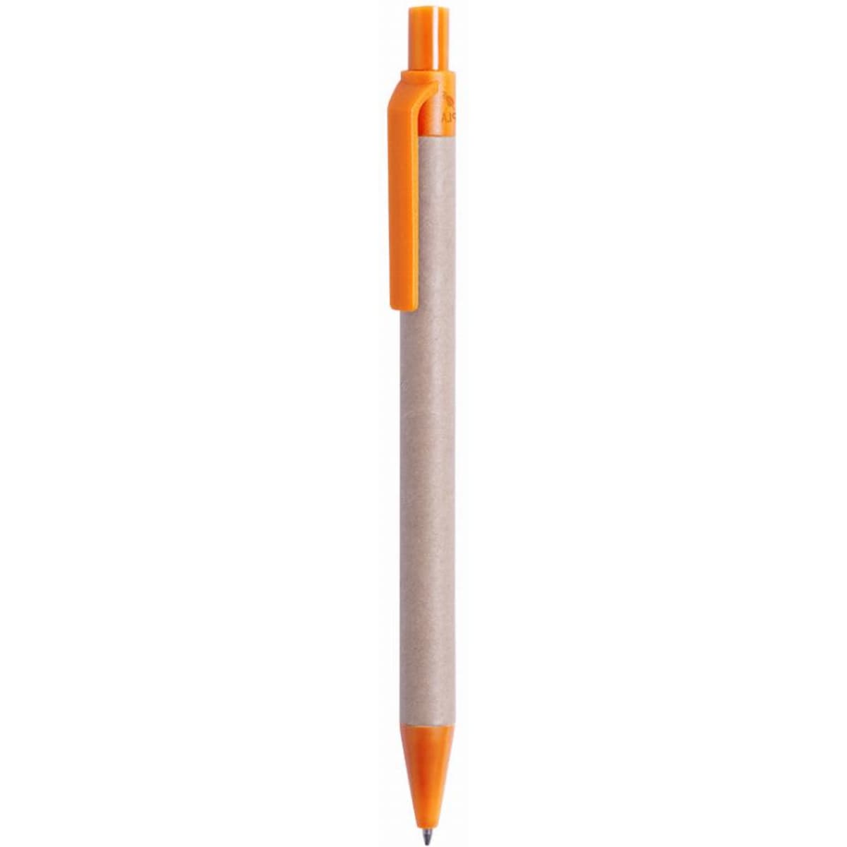 A pen with an orange tip and clip, featuring a light brown, eco-friendly barrel. It has a simple design and branding.