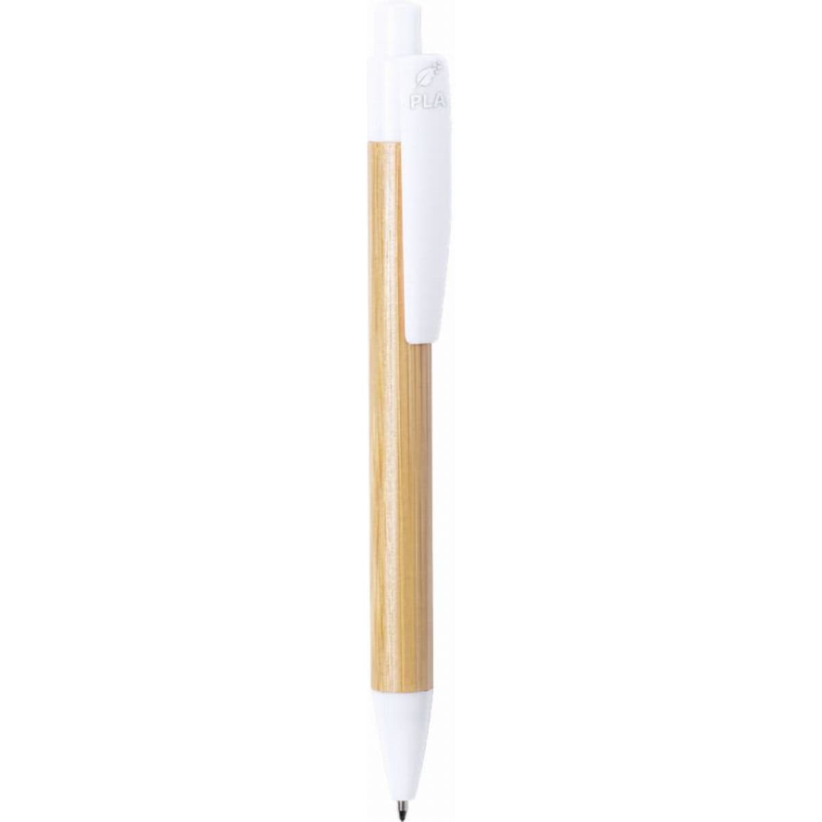 A pen with a bamboo barrel and white accents, featuring a logo on the clip.