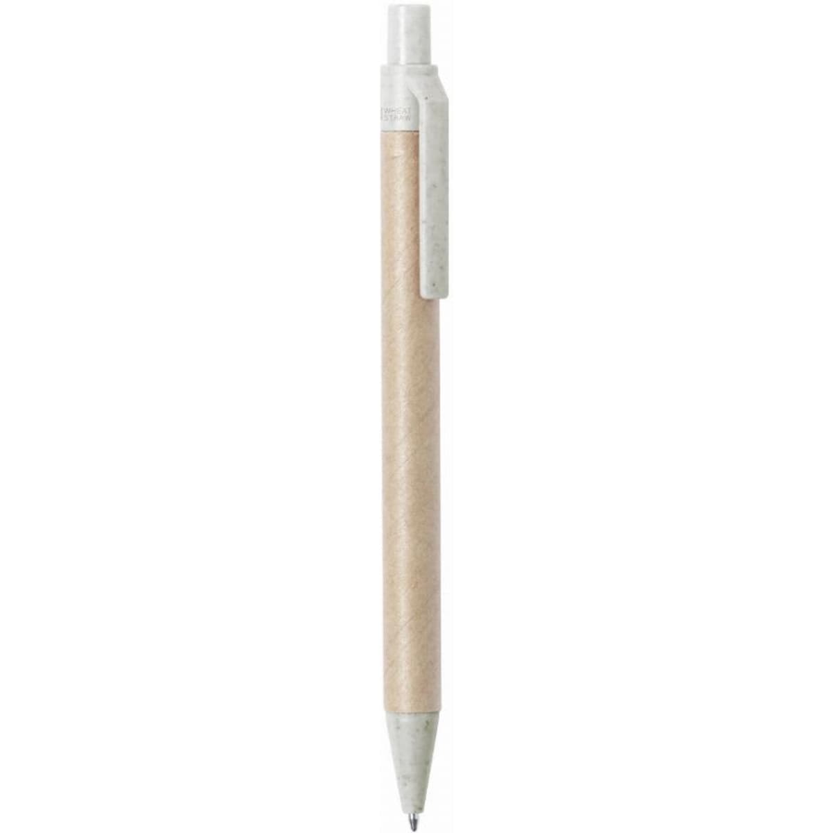 A pen with a light brown paper barrel and a white top, featuring a clip for easy attachment.