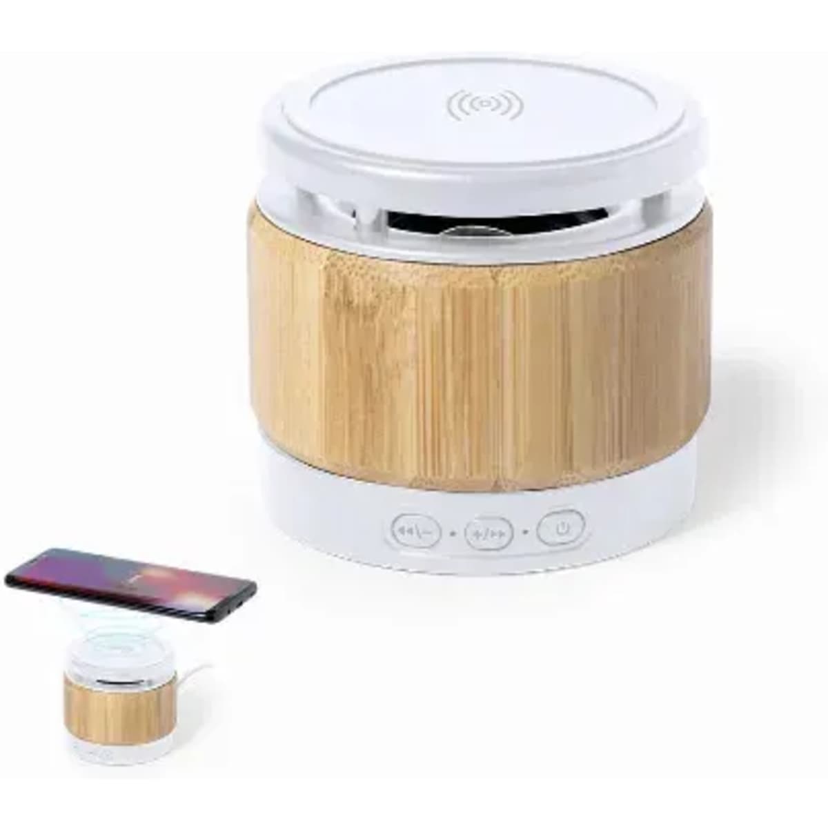 A wireless speaker featuring a bamboo design and a white top, accompanied by a smartphone for scale.