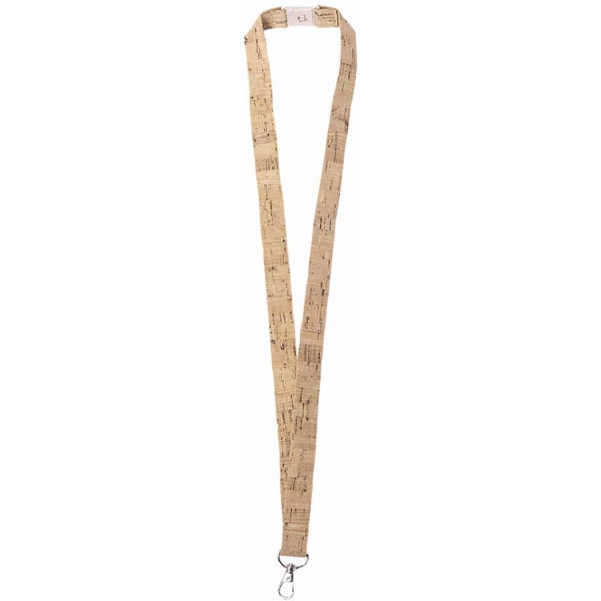 A lanyard with a light beige colour and a printed design, featuring a metal clip at one end.