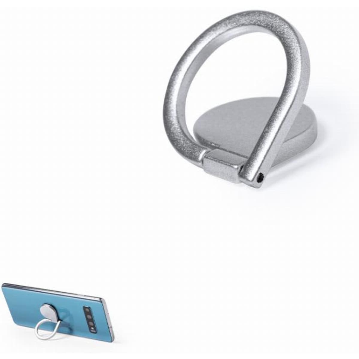 A phone ring holder in silver, featuring a smooth metallic finish and a circular base for attachment.