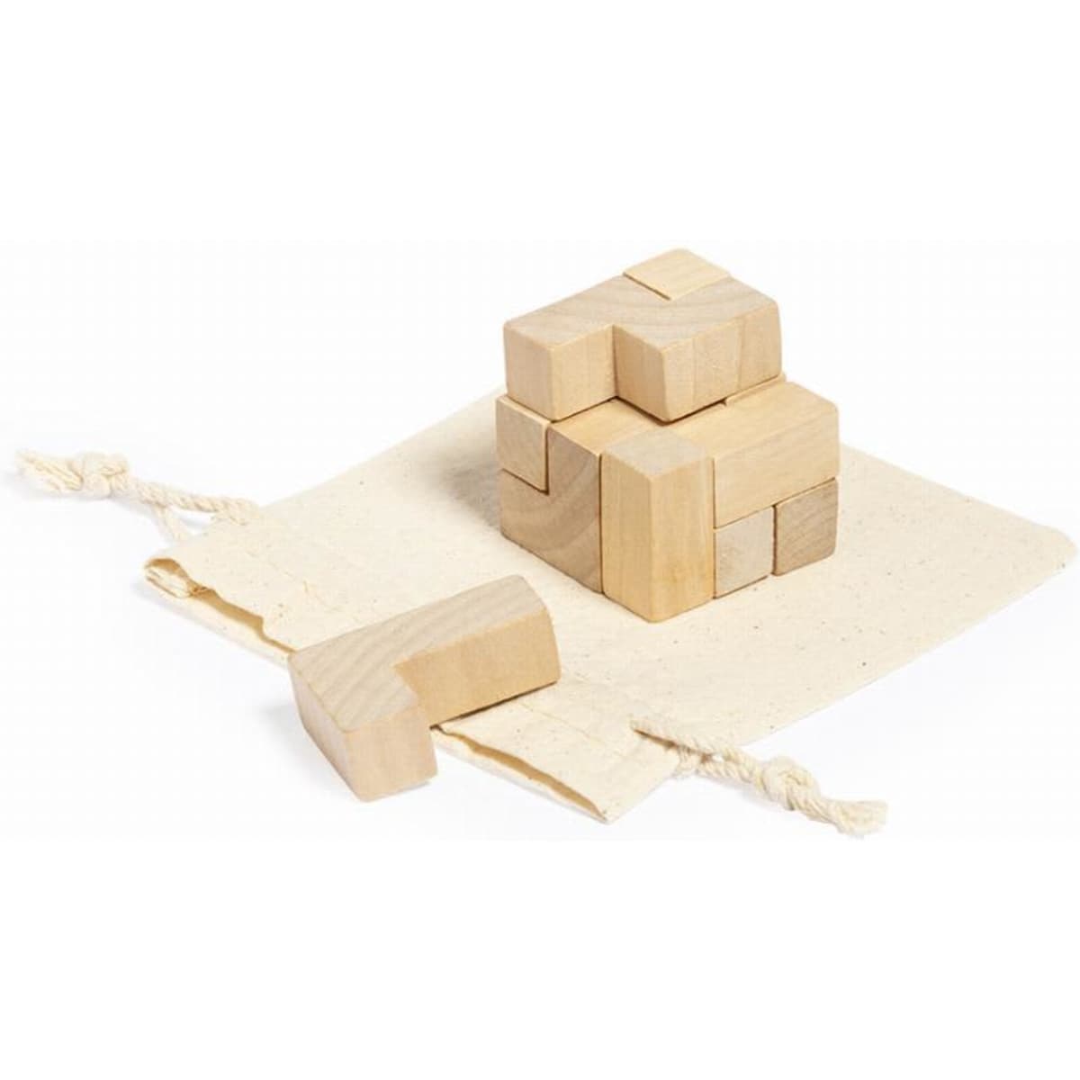 A set of natural wood puzzle blocks stacked on a beige drawstring bag. The blocks have various geometric shapes.