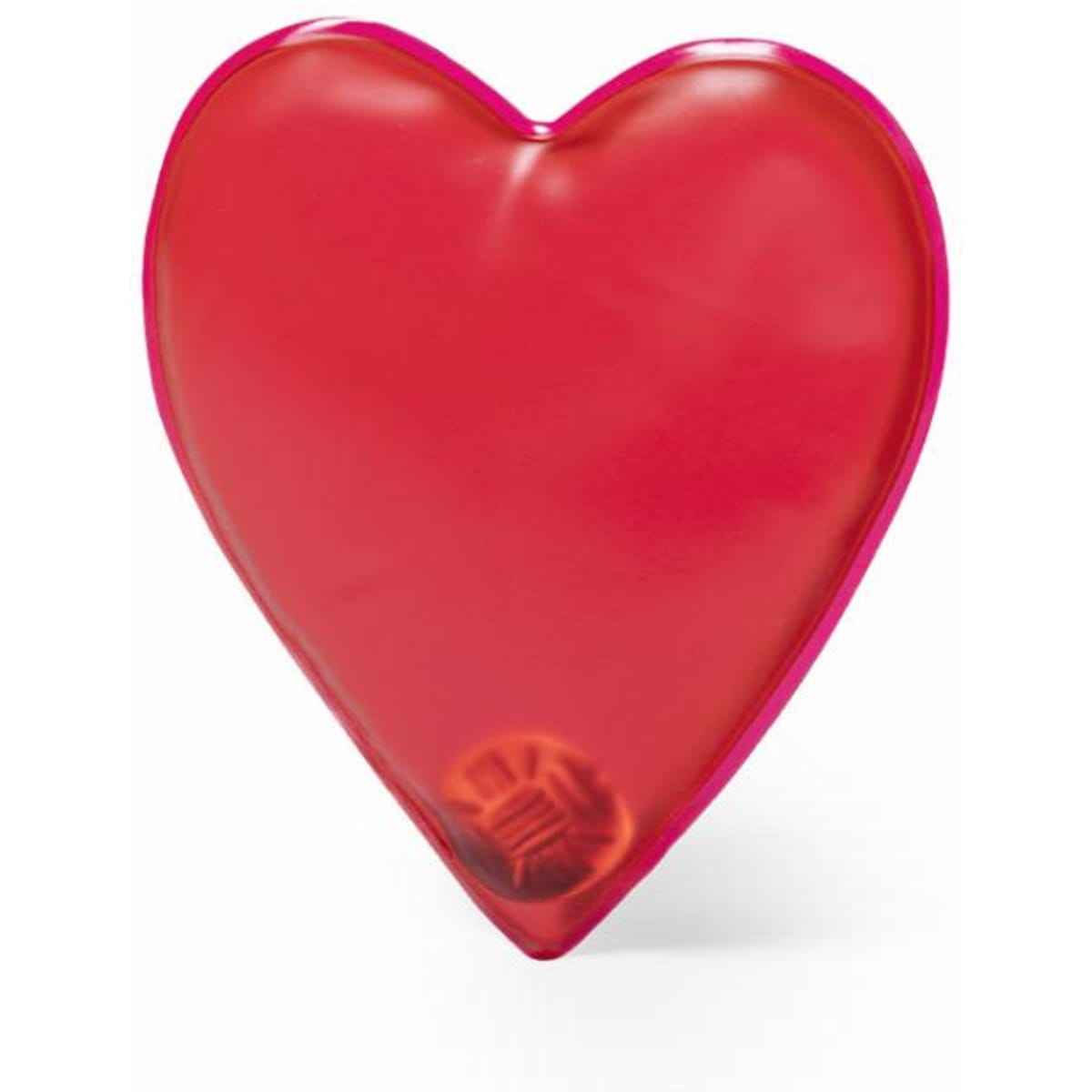 A heart-shaped red gel pack with a glossy finish, with a small brown section at the bottom. It has a logo.