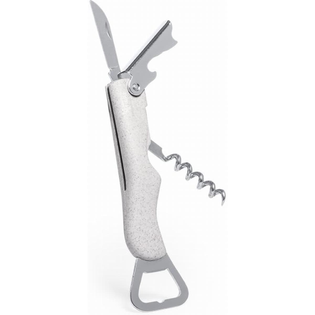 A multi-tool featuring a knife, corkscrew, bottle opener, and a white handle with silver accents.
