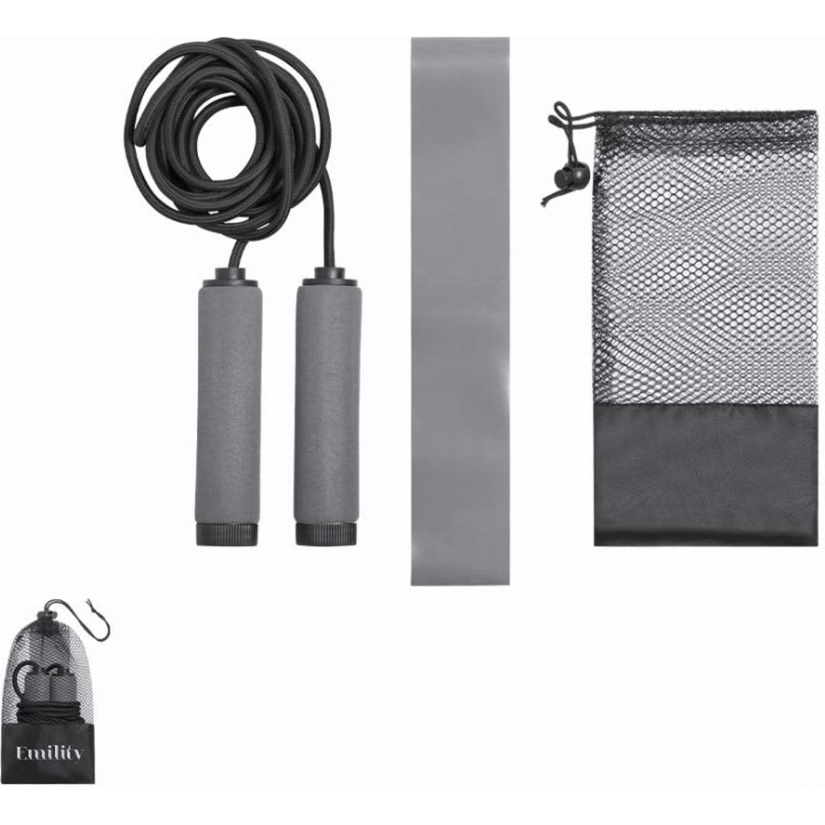 A jump rope with grey handles and a black storage bag, featuring a mesh section for visibility.
