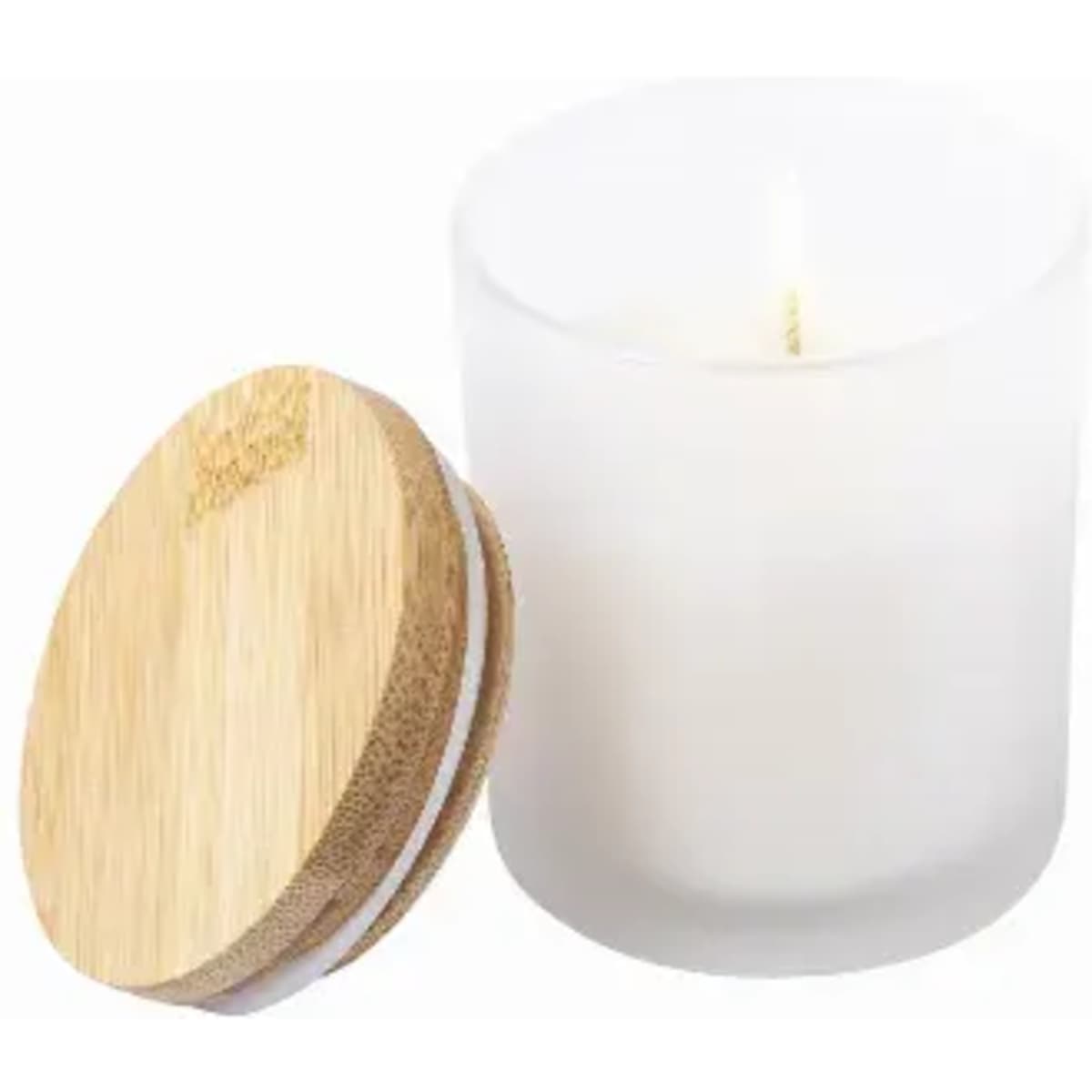 A candle in a frosted glass jar with a bamboo lid. The wax is white, and the wick is visible.