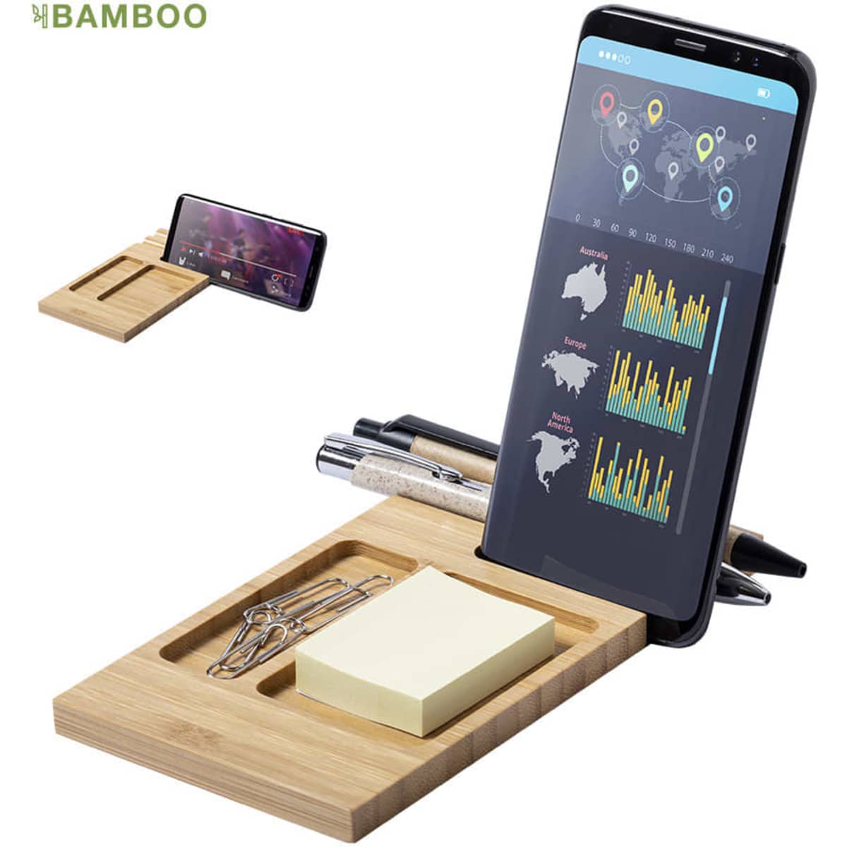 A bamboo organiser featuring sections for pens, paper clips, sticky notes, and a smartphone holder.