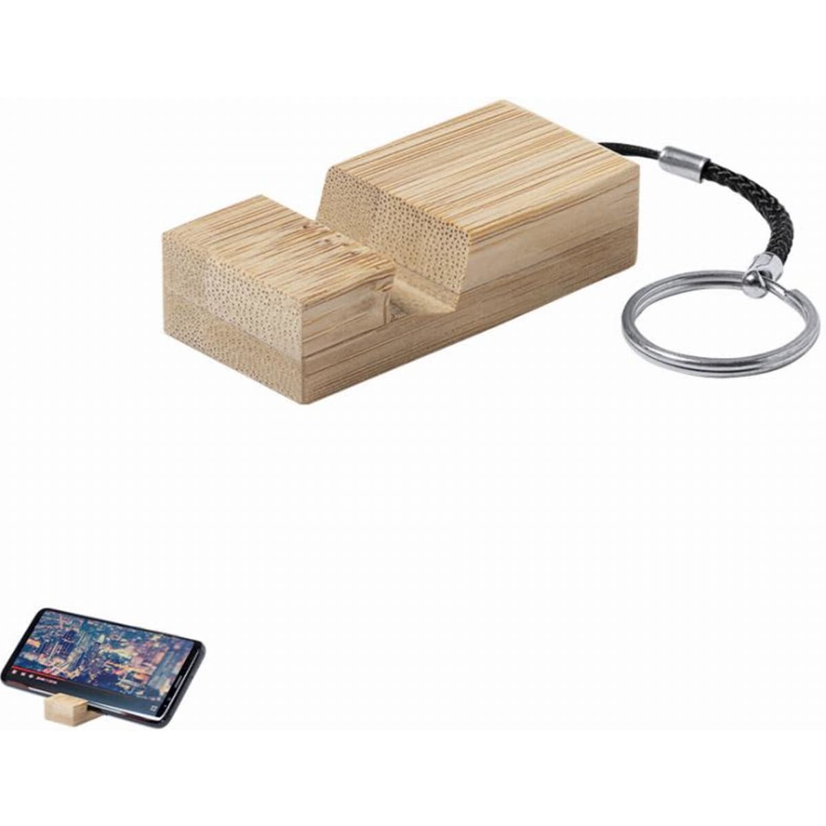 A bamboo phone holder with a metal keychain, designed to support a smartphone at an angle.