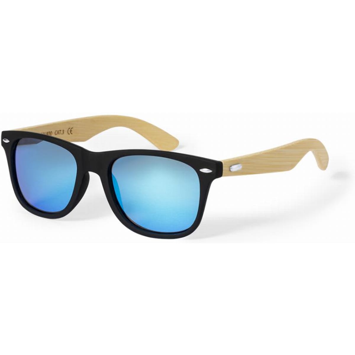 Stylish sunglasses with black frames and blue mirrored lenses, featuring wooden-look arms and a logo on the side.
