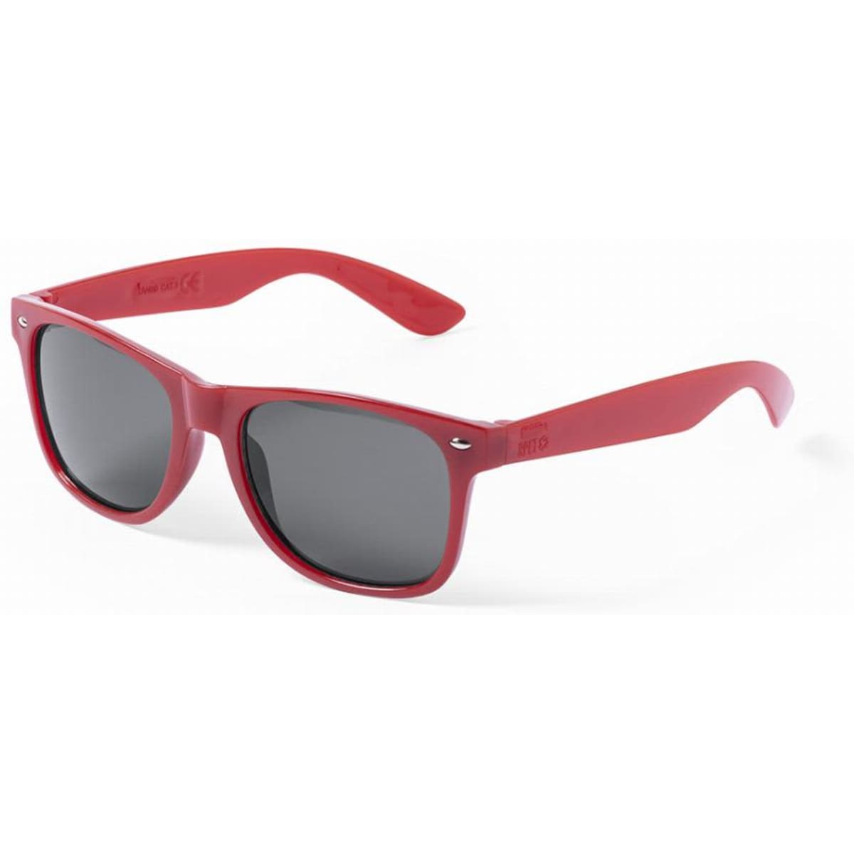 A pair of red sunglasses with dark lenses, featuring a logo on the side.