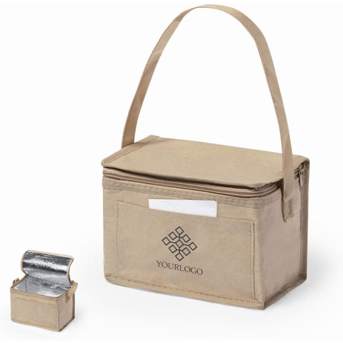A beige insulated lunch bag with a detachable small storage container and a logo on the front.