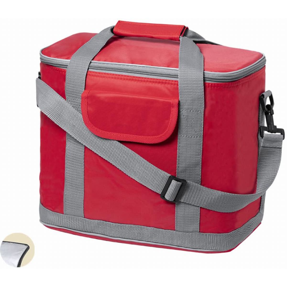 A cooler bag in bright red with grey straps, featuring a zip closure and a handle on top.