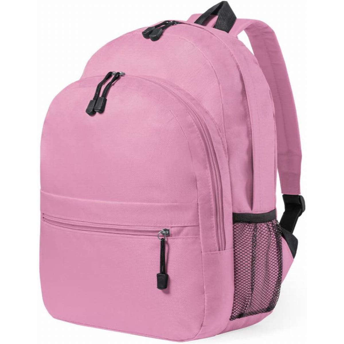 A pink backpack with multiple compartments and black accents, featuring a mesh pocket on one side.