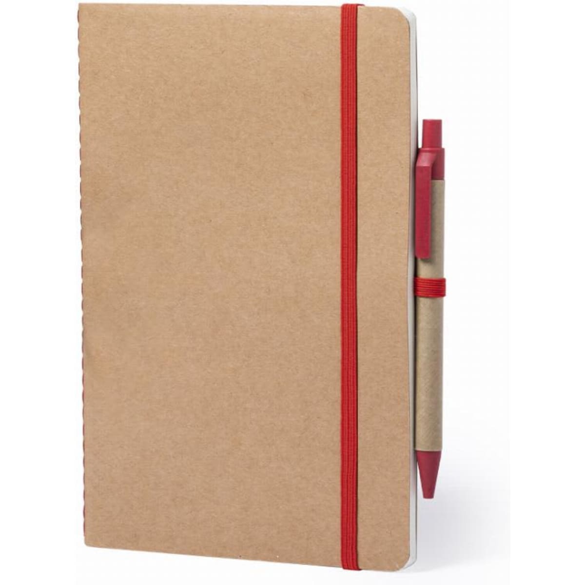 A notebook with a brown cover, featuring a red elastic band and a red pen attached. It has a simple logo.