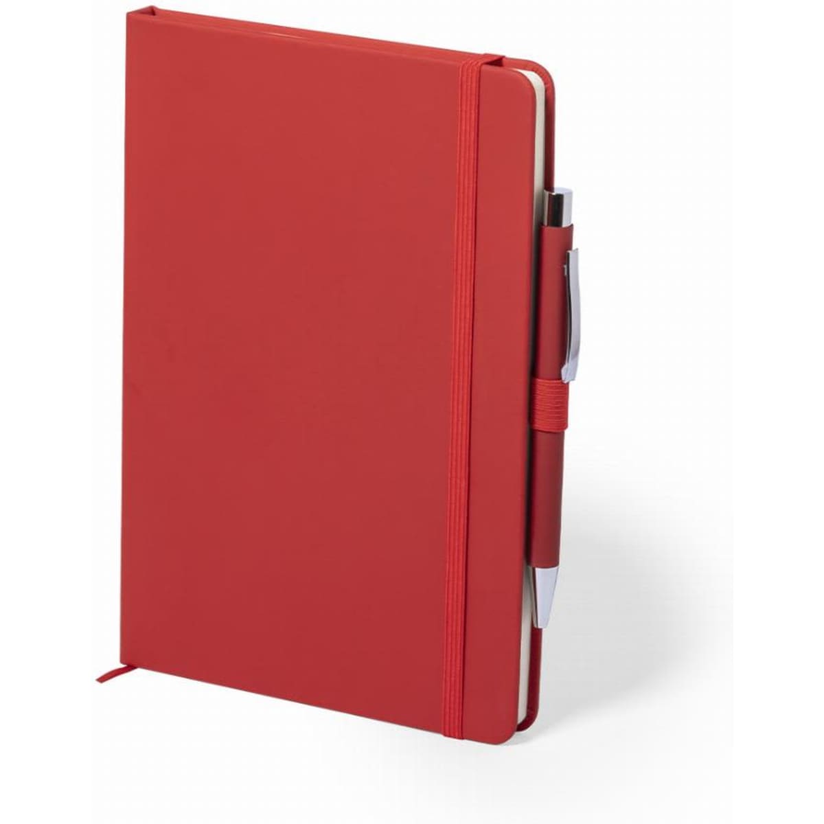 A red notebook with a pen attached, featuring a smooth cover and elastic closure. It has a logo on the front.