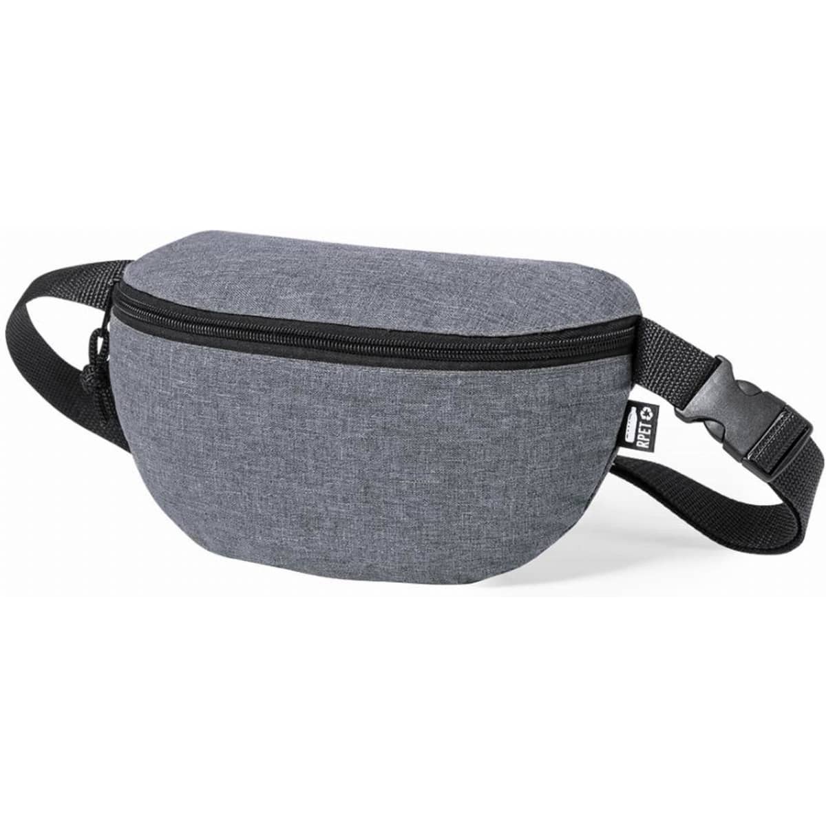 A grey waist bag with a zippered compartment and an adjustable strap, featuring a small logo.
