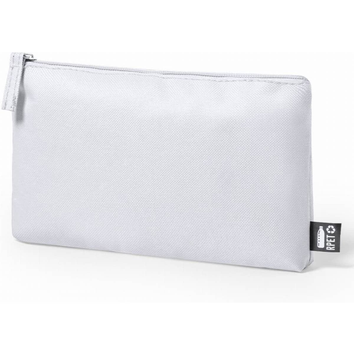 A grey pouch with a zip closure and a small branding tag on the side.