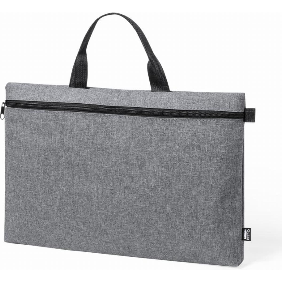 A grey zippered tote bag featuring a handle for easy carrying. It has a simple design and a logo tag.