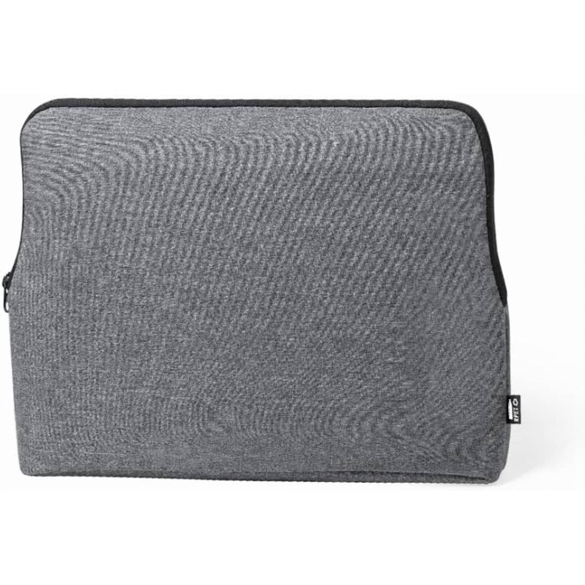 A grey laptop sleeve with a zip closure, featuring a subtle textured design and a small logo on the side.