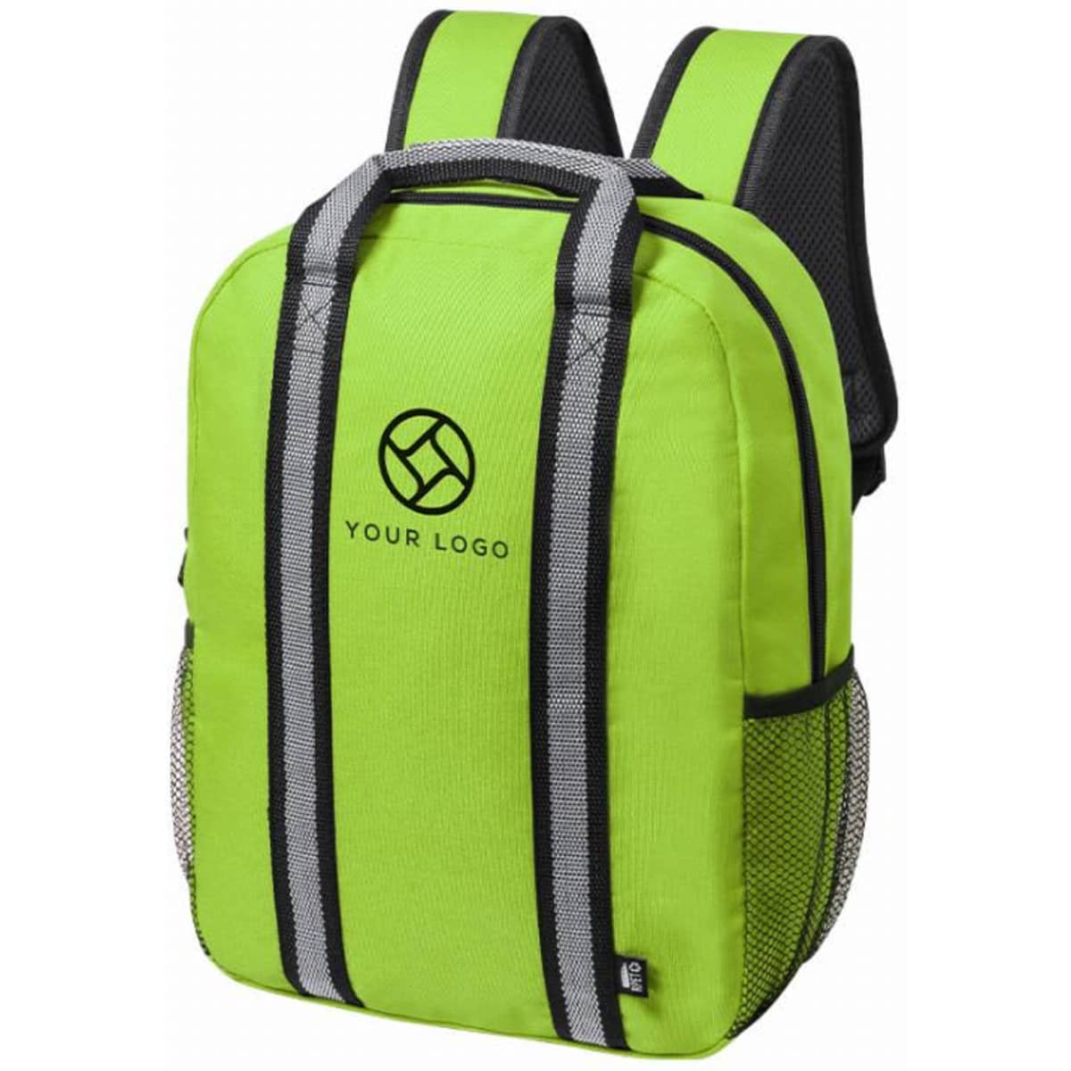 A green backpack with black accents, featuring a logo on the front and mesh side pockets.