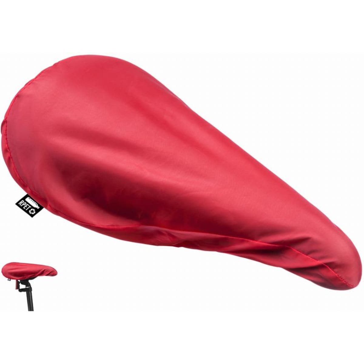 A bike seat cover in bright red, with a smooth surface and an elastic opening for secure fitting.