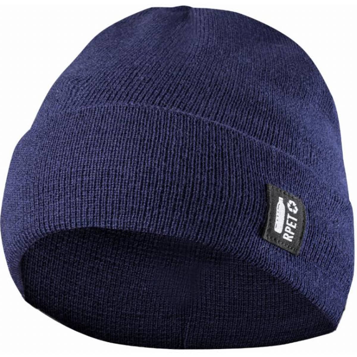 A navy blue beanie with a textured knit design and a small black logo patch.