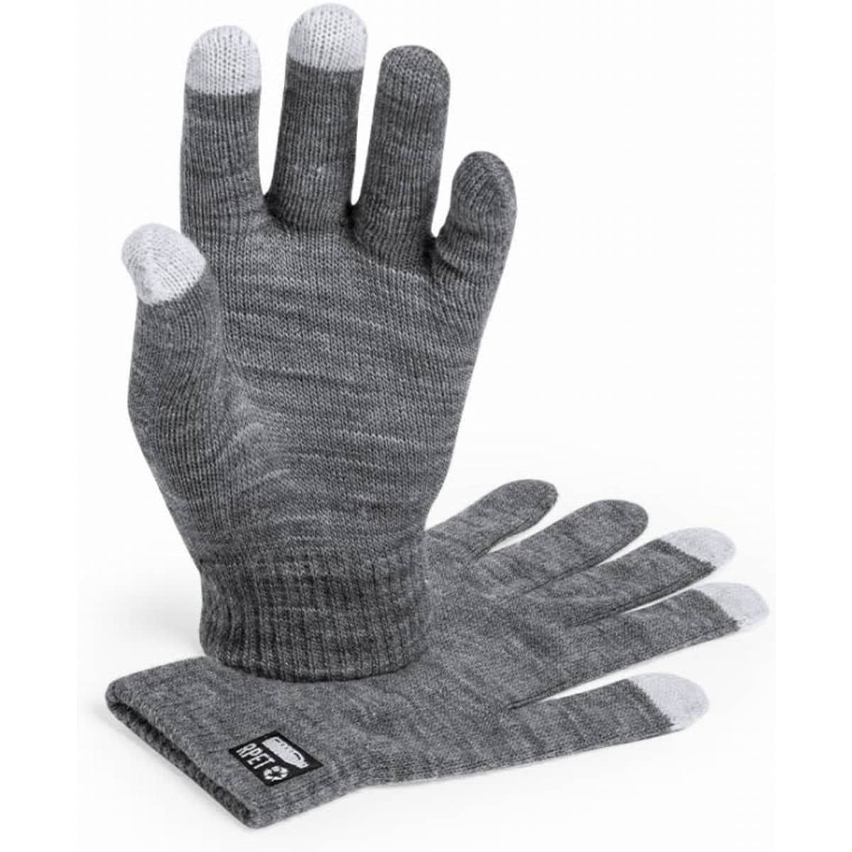 A pair of grey gloves with lighter grey tips on the fingers, featuring a logo on the cuff.